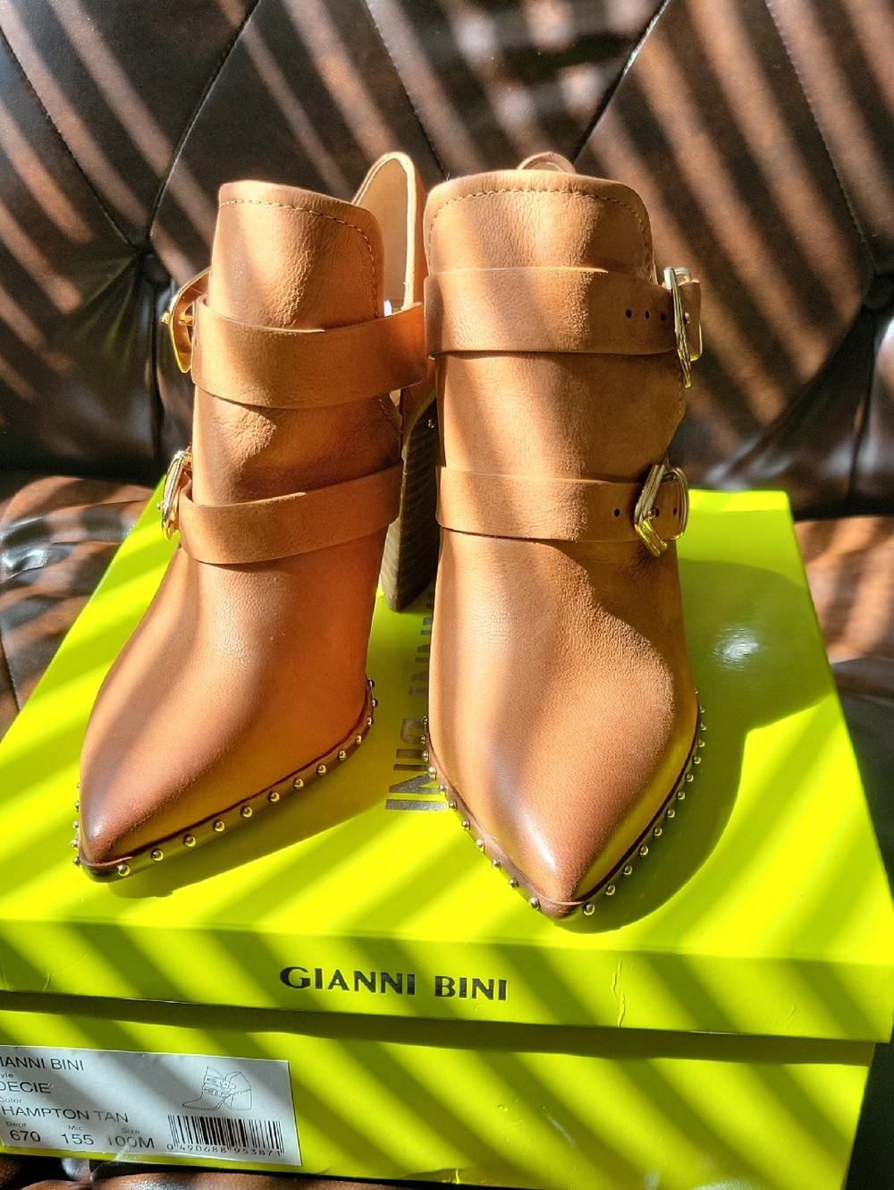 Gianni Bini Tan Pointed Buckle Ankle Booties